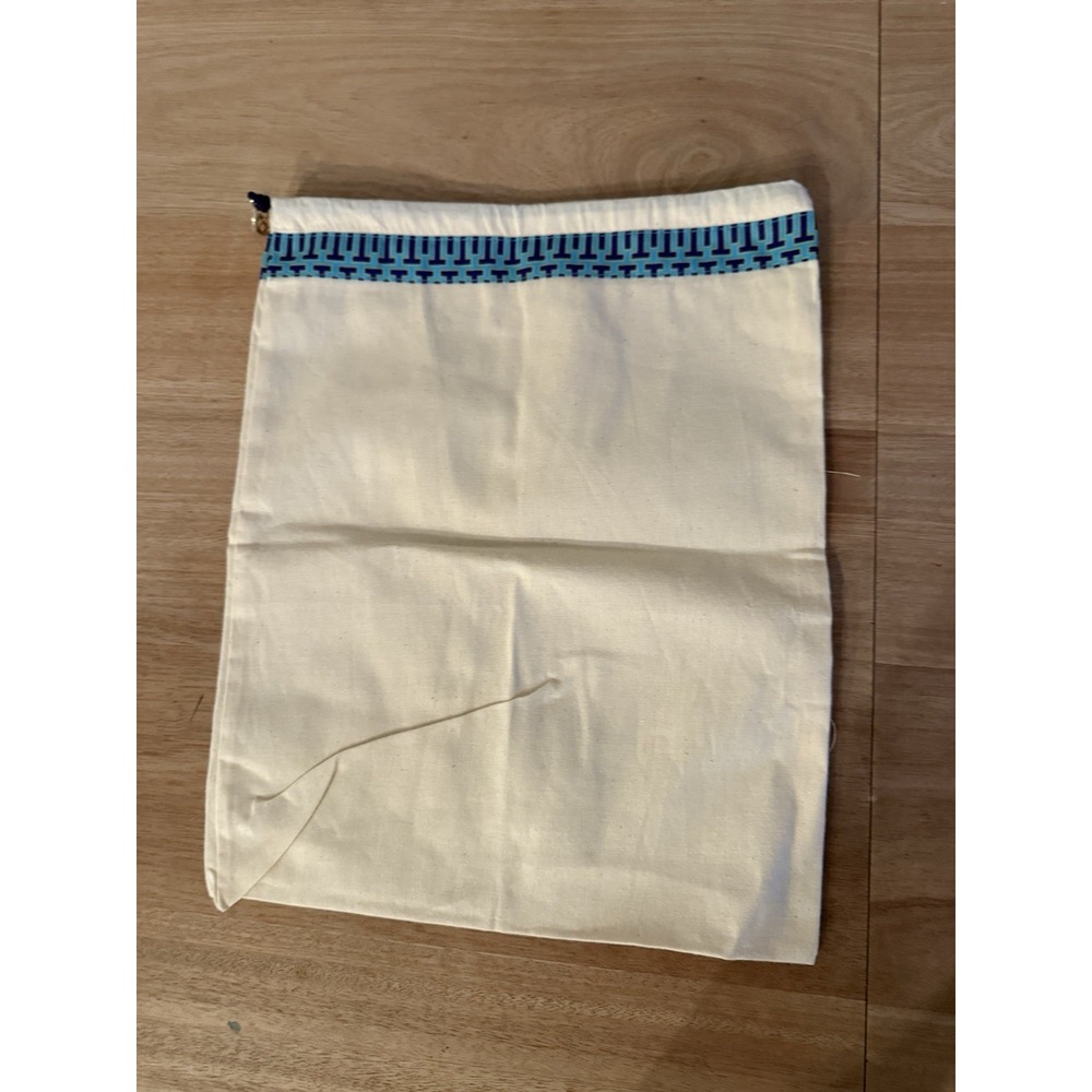 Tory Burch Shoe Dust Bag – Cream Cotton with Blue Trim & Gold Logo Drawstring